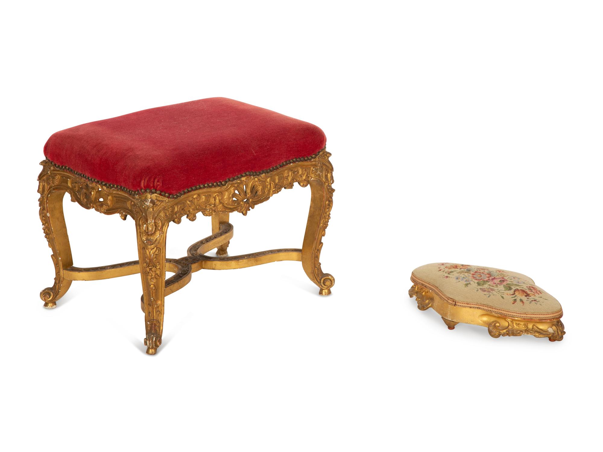 A Louis XV Giltwood Stool and an Upholstered Tabouret