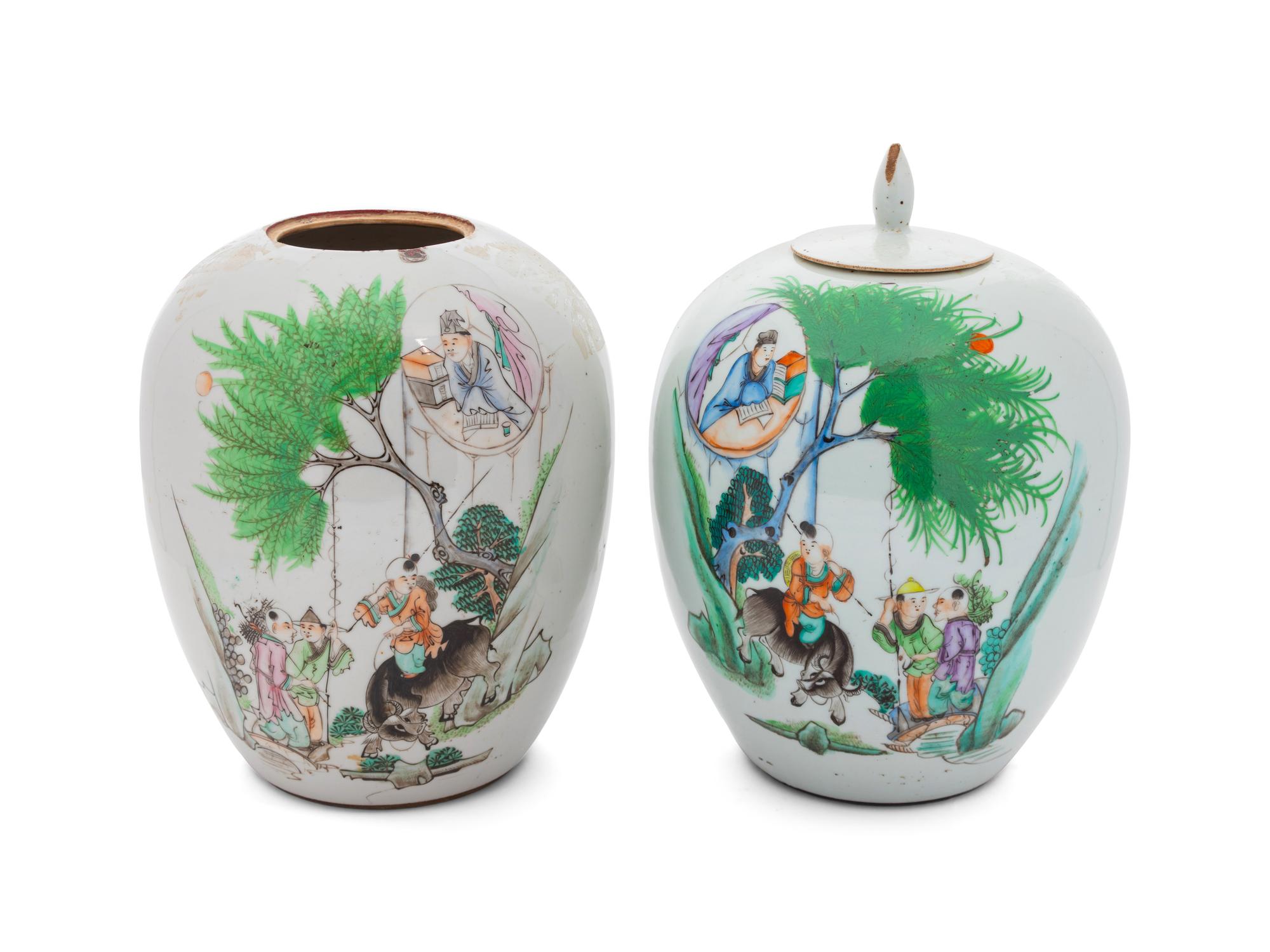 A Pair of Famille Verte Painted Porcelain Jars