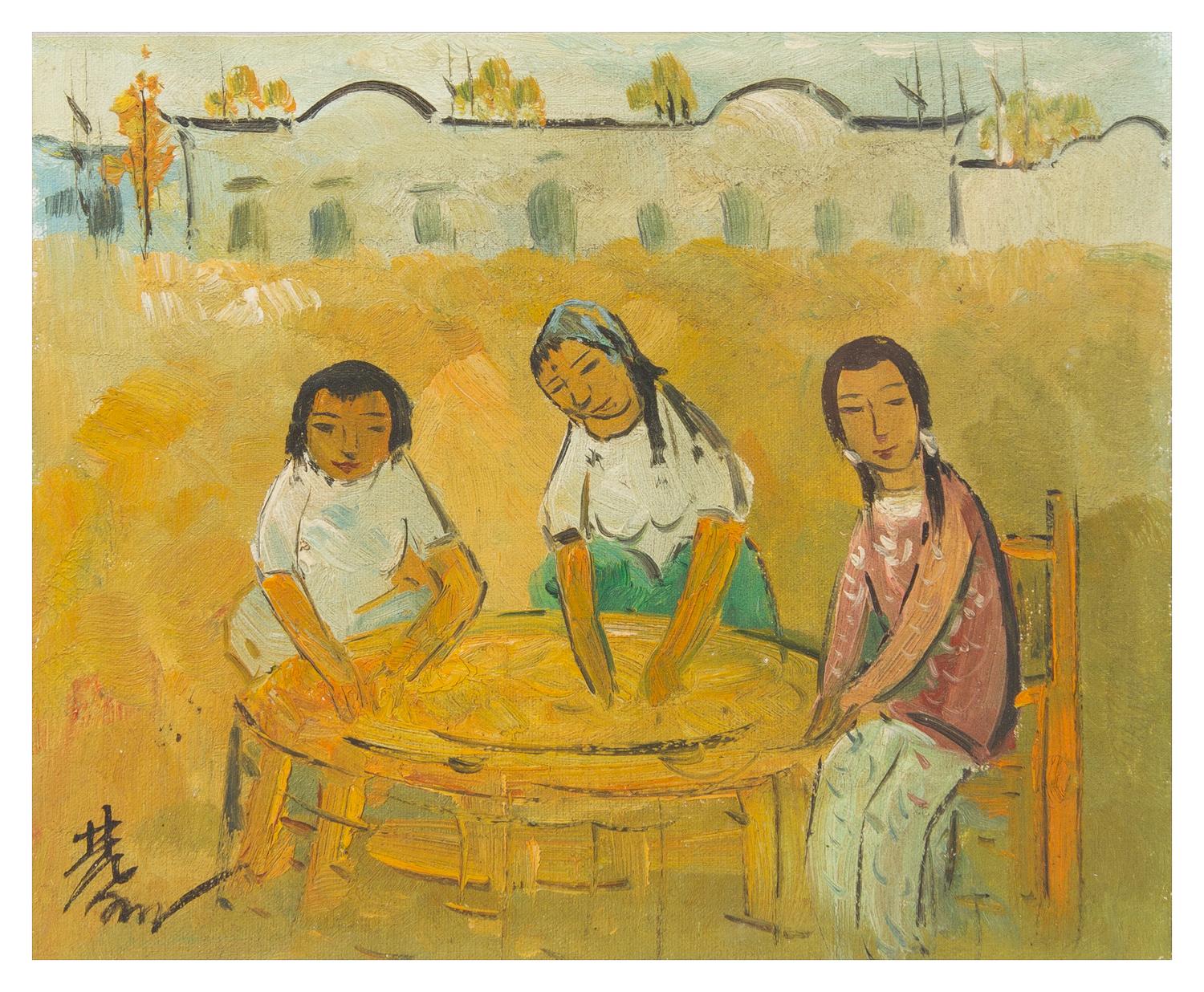 Lin Fengmian, (Chinese, 1900-1991), depicting three female figures sitting and making tang yuan in an outdoor setting.