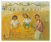 Lin Fengmian, (Chinese, 1900-1991), depicting three female figures sitting and making tang yuan in an outdoor setting.