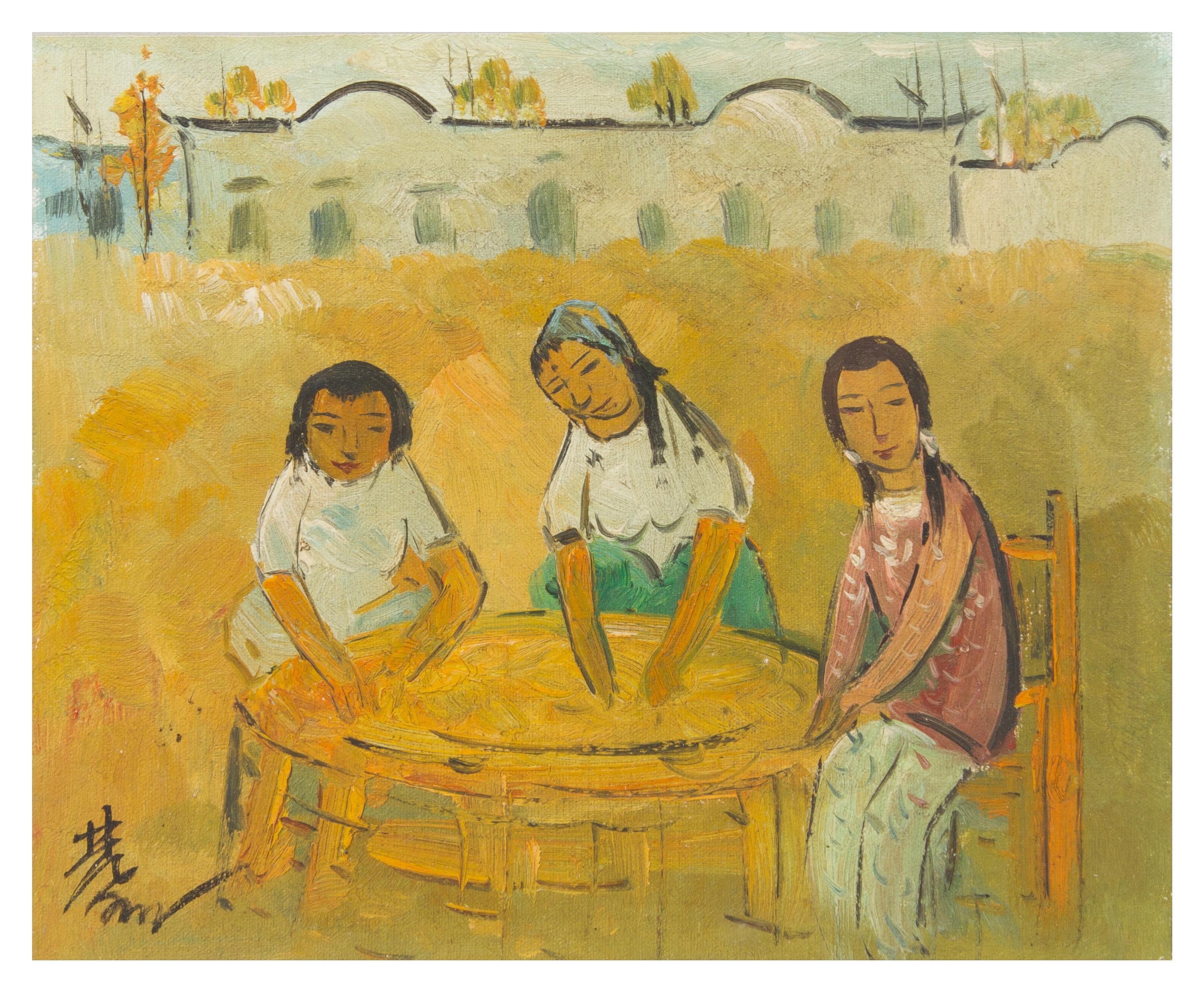 Lin Fengmian, (Chinese, 1900-1991), depicting three female figures sitting and making tang yuan in an outdoor setting.