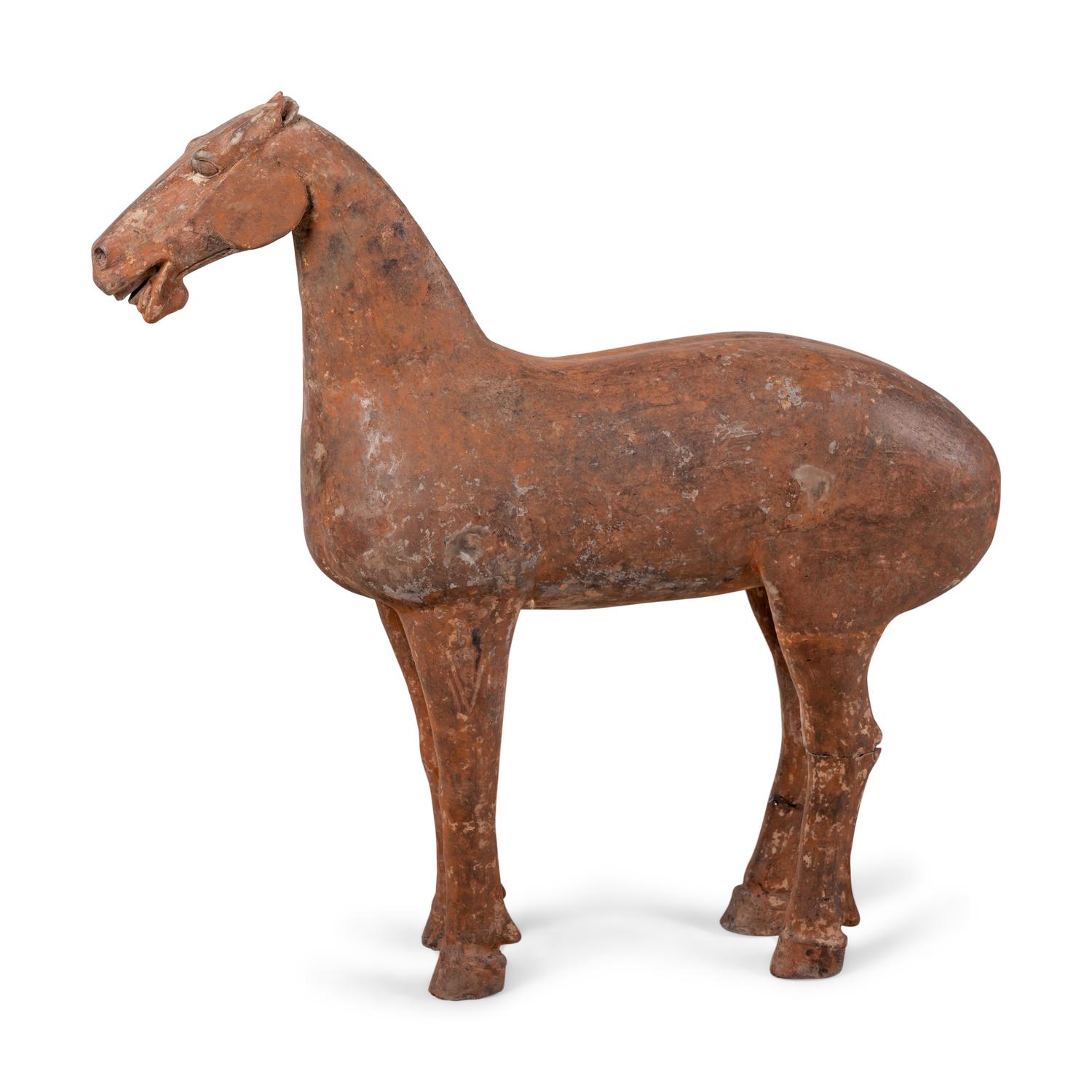 Two Chinese Terra Cotta Horses with Polychrome Remnants