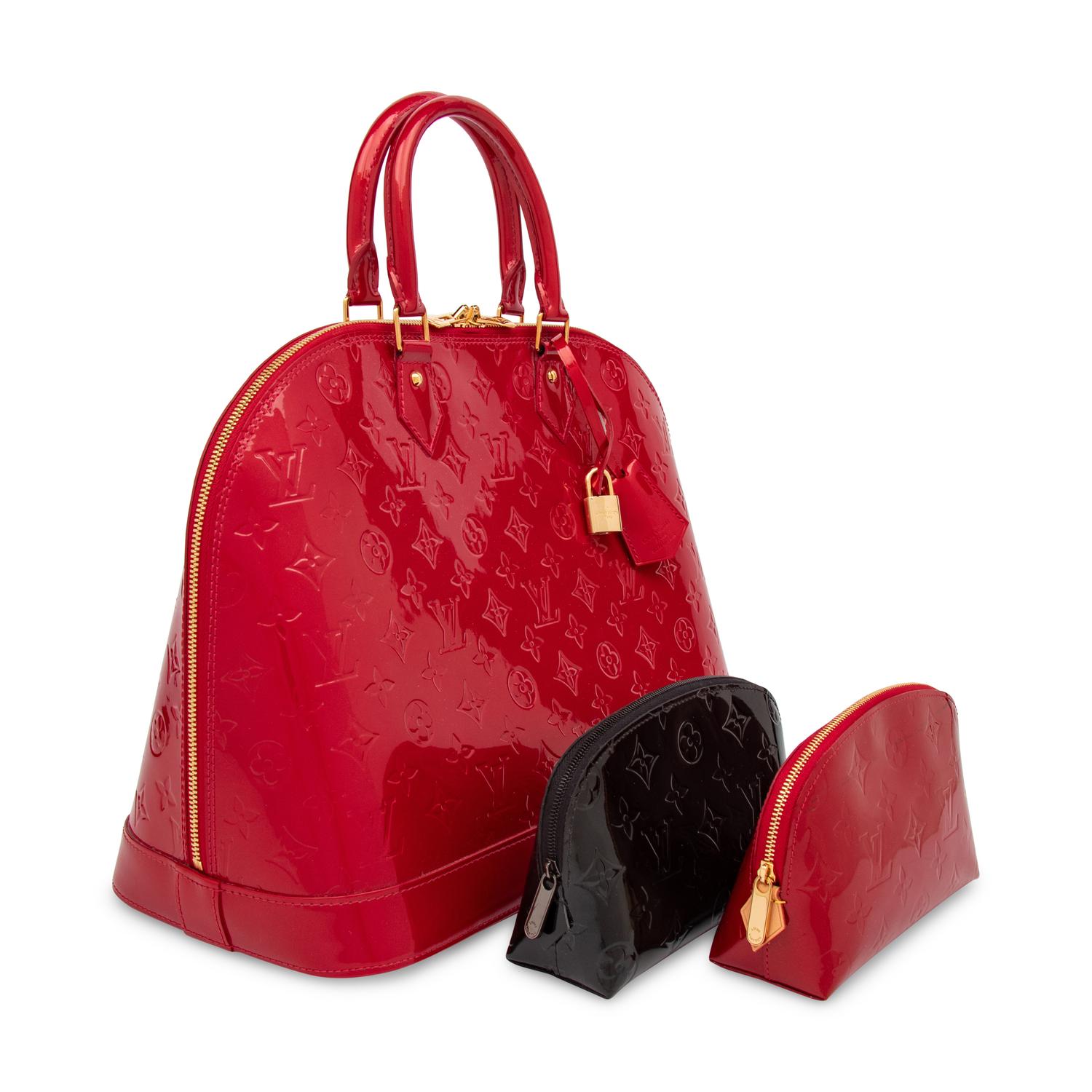 Louis Vuitton, Red Patent Large Alma Handbag & Two Patent Zipper Pouches