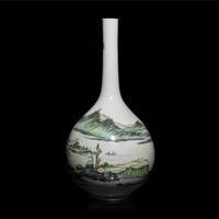 A Chinese Famille Rose 'Landscape' Porcelain Vase, Republic Period/20th Century — 民國/近代 粉彩山水詩文長頸瓶