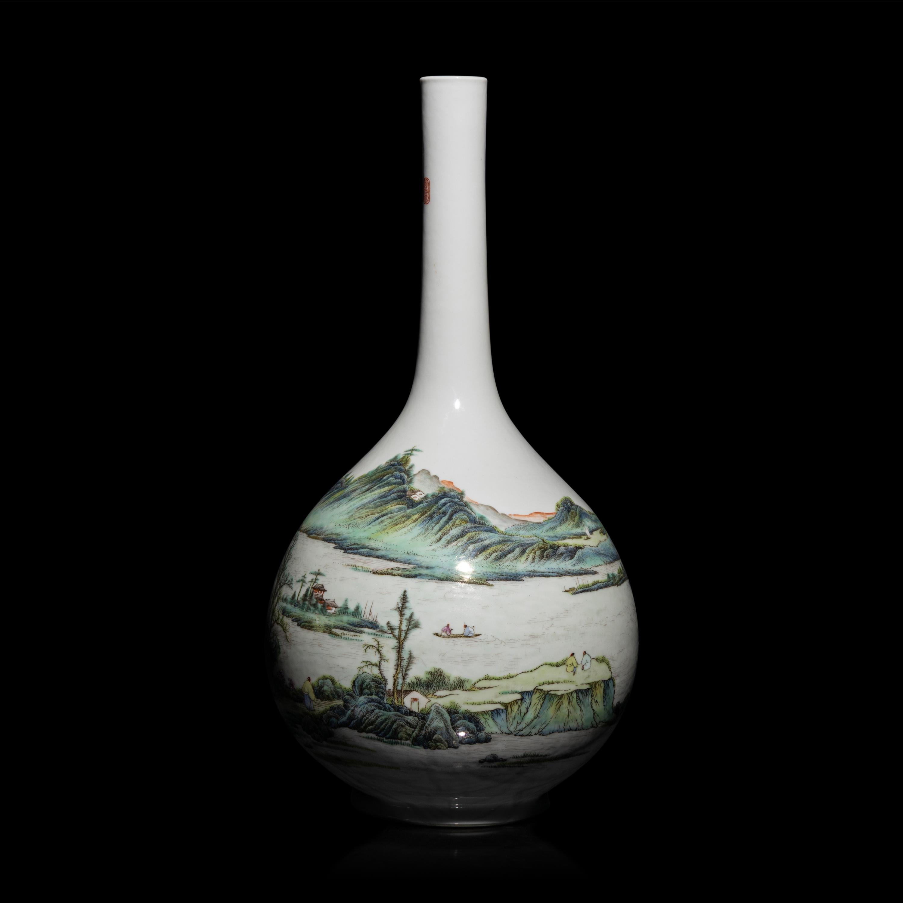 A Chinese Famille Rose 'Landscape' Porcelain Vase, Republic Period/20th Century — 民國/近代 粉彩山水詩文長頸瓶