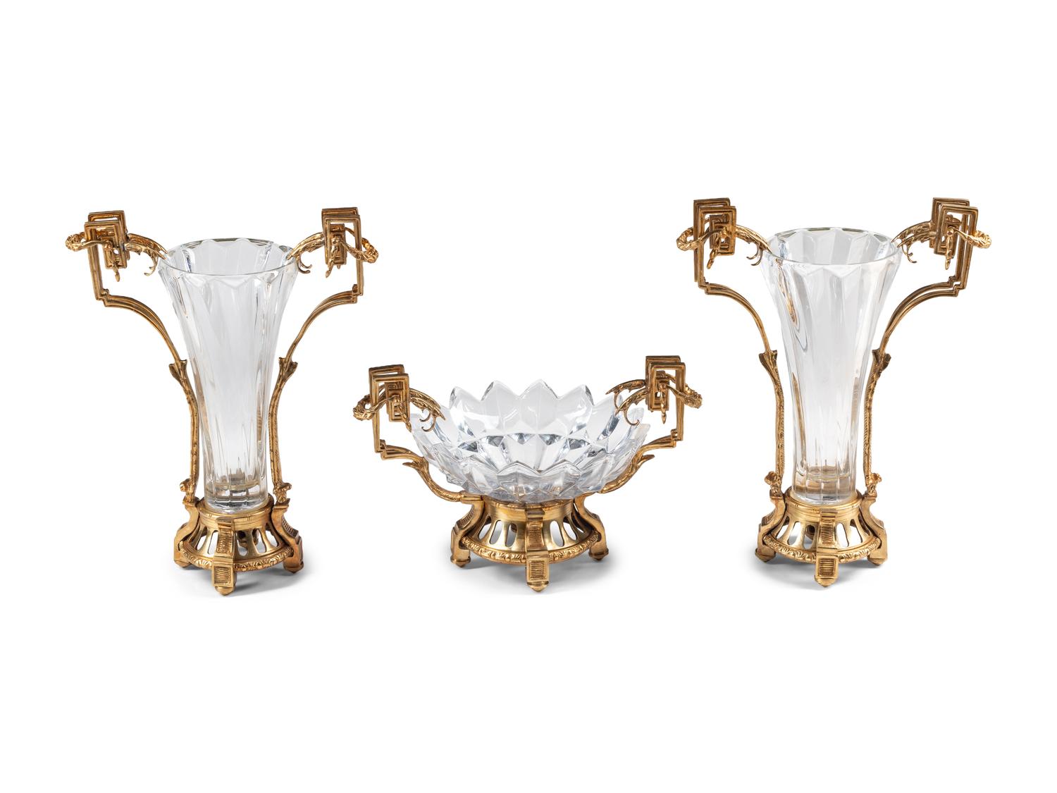 A French Gilt Bronze and Glass Three-Piece Garniture