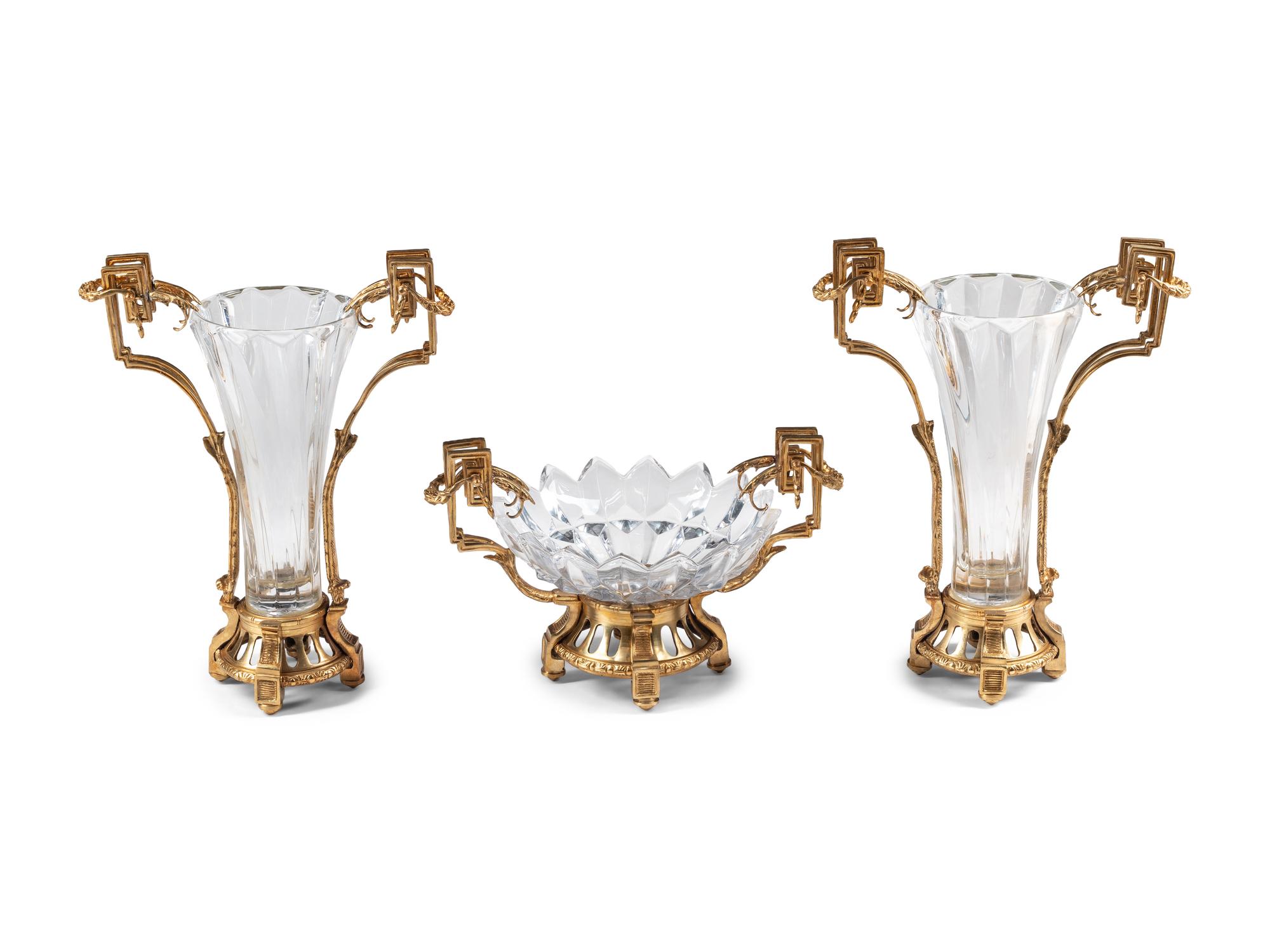 A French Gilt Bronze and Glass Three-Piece Garniture