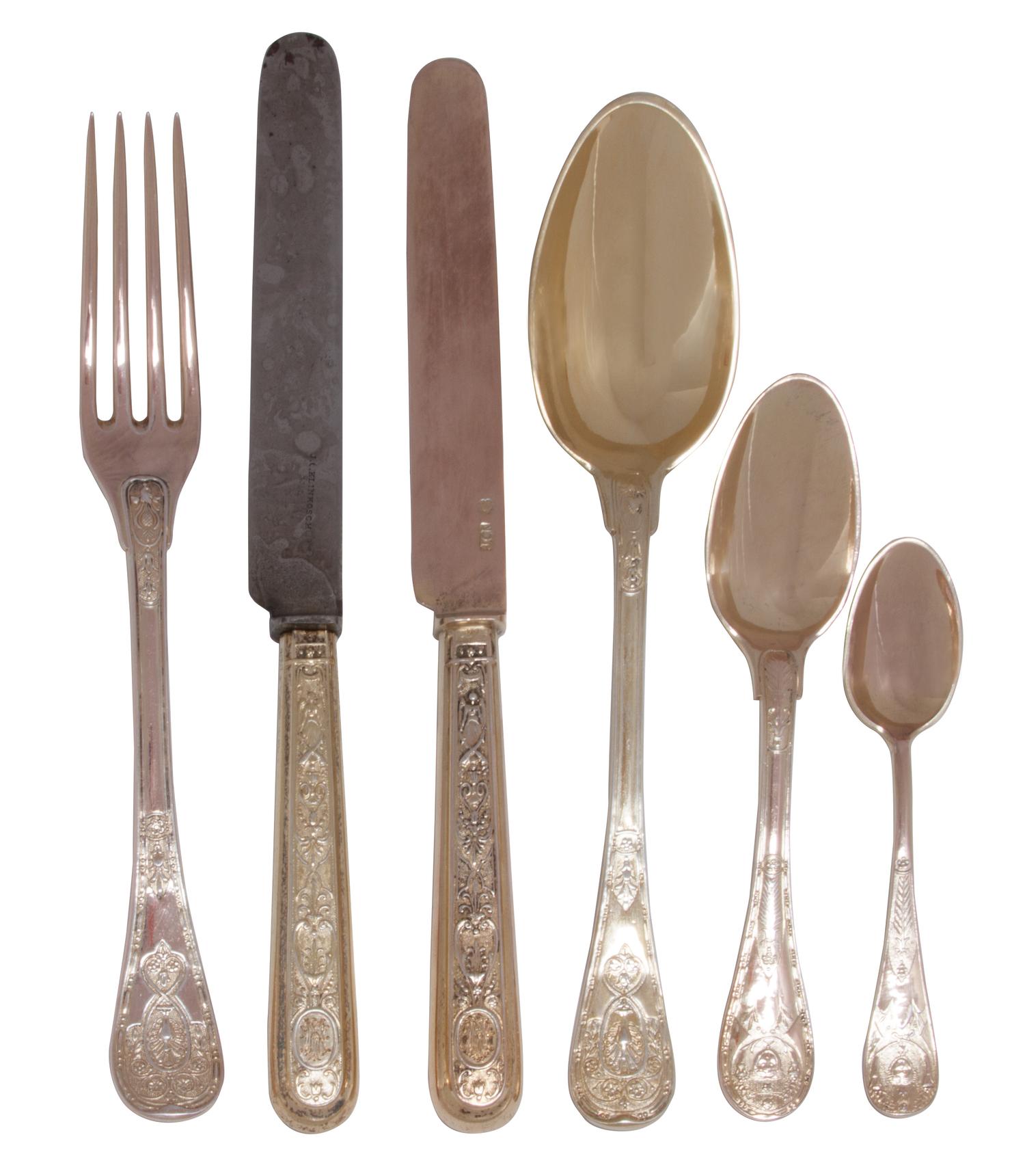 An Austrian Silver Travel Place Setting, J.C. Klinkosch, Vienna, comprising a drinking cup, eggcup, napkin ring, set of flatware, and c