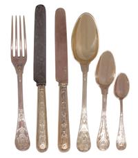 An Austrian Silver Travel Place Setting, J.C. Klinkosch, Vienna, comprising a drinking cup, eggcup, napkin ring, set of flatware, and c