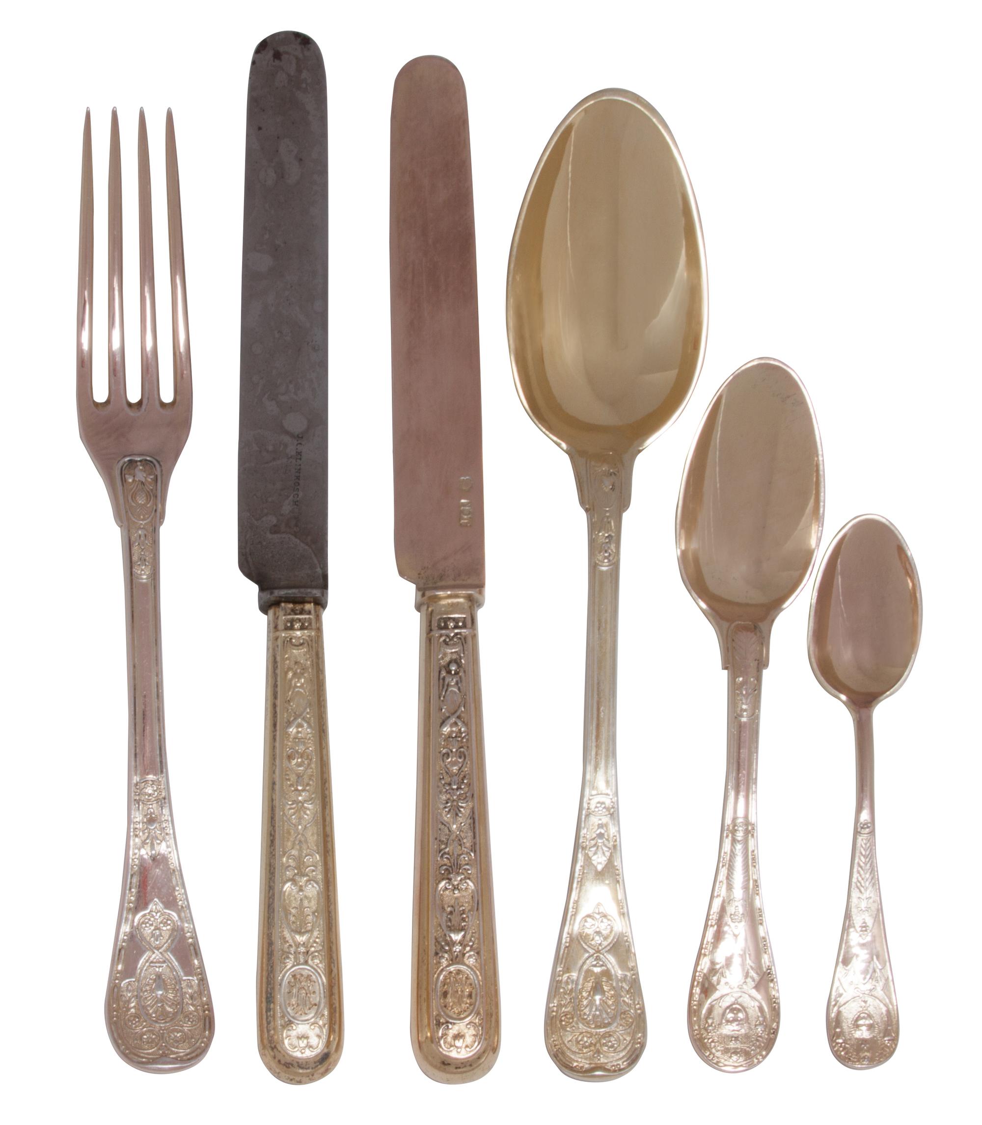 An Austrian Silver Travel Place Setting, J.C. Klinkosch, Vienna, comprising a drinking cup, eggcup, napkin ring, set of flatware, and c