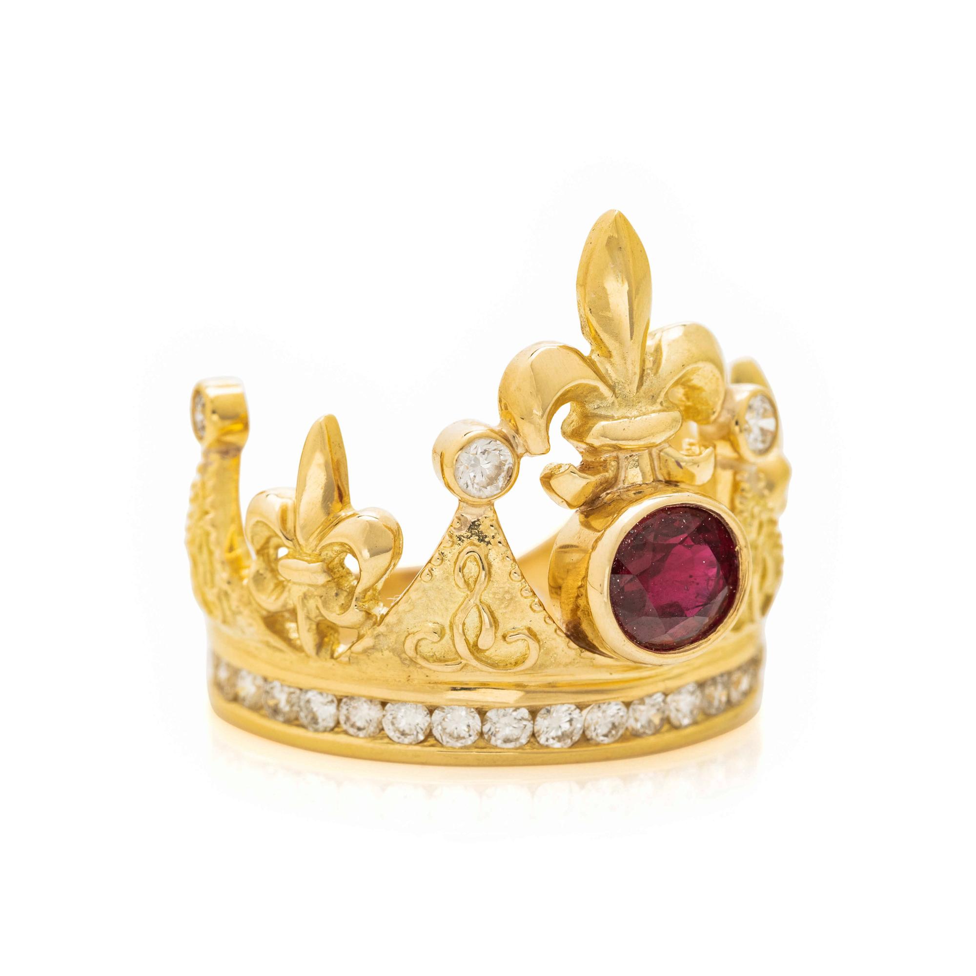 CYNTHIA BACH, YELLOW GOLD, RUBY AND DIAMOND 'FLEUR DE LIS CROWN' RING