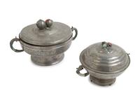 Two Chinese Hardstone Inset Pewter Pots and Covers