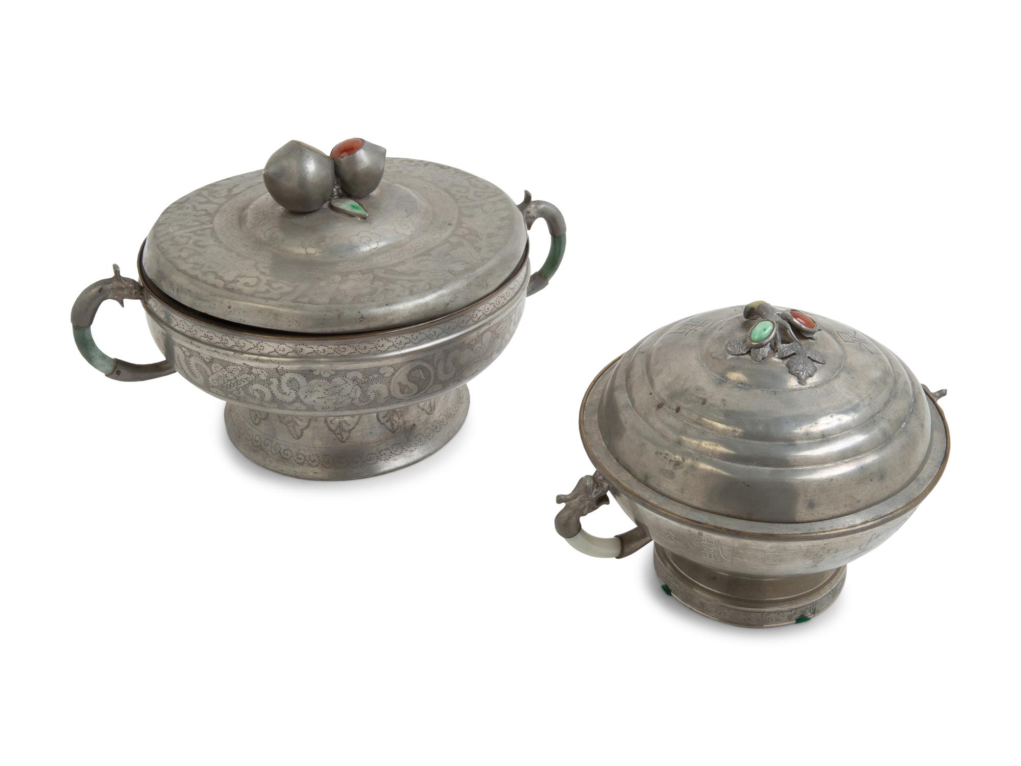 Two Chinese Hardstone Inset Pewter Pots and Covers