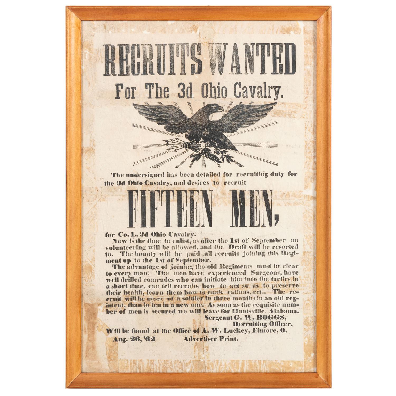 Recruits Wanted For The 3d Ohio Cavalry . Elmore, OH: 26 August 1862.