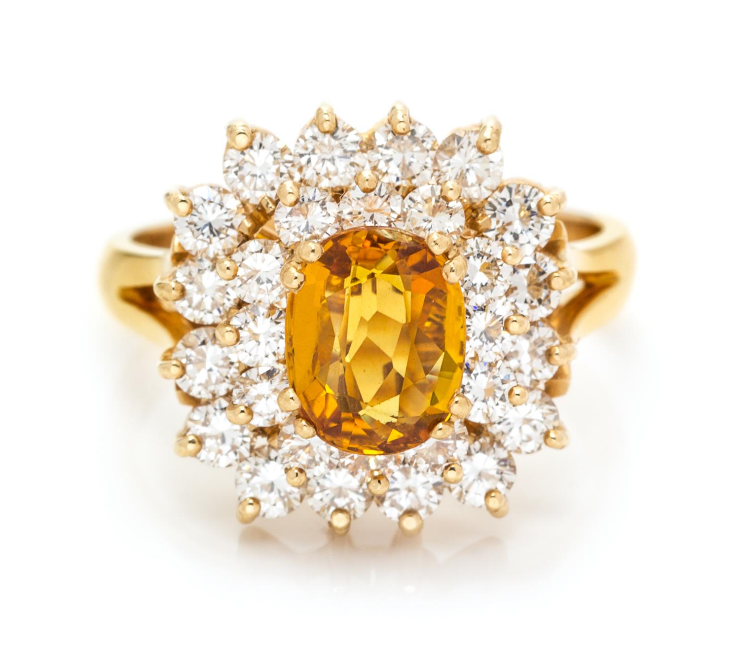 An 18 Karat Yellow Gold, Yellow Sapphire and Diamond Ring, 4.60 dwts.