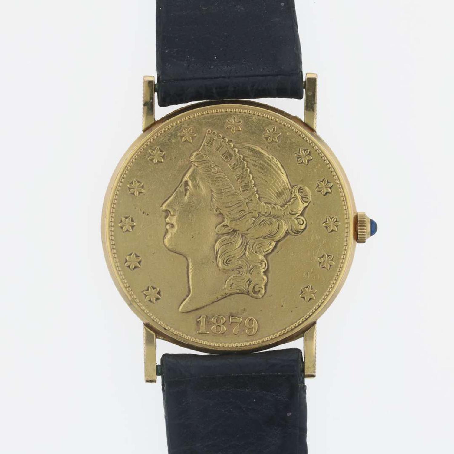 An 18K yellow gold 1879 $20 coin strap watch, Corum
