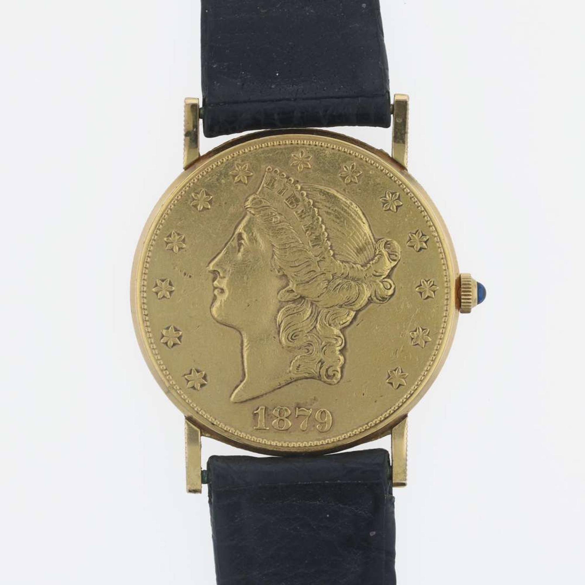 An 18K yellow gold 1879 $20 coin strap watch, Corum