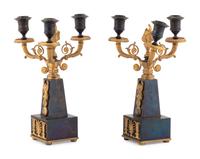 A Pair of Empire Style Gilt and Patinated Bronze Three-Light Candelabra