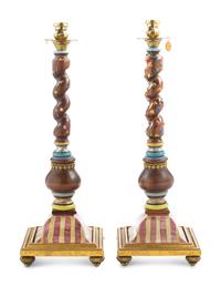 A Pair of MacKenzie-Childs Carved Wood and Ceramic-Mounted Candlesticks