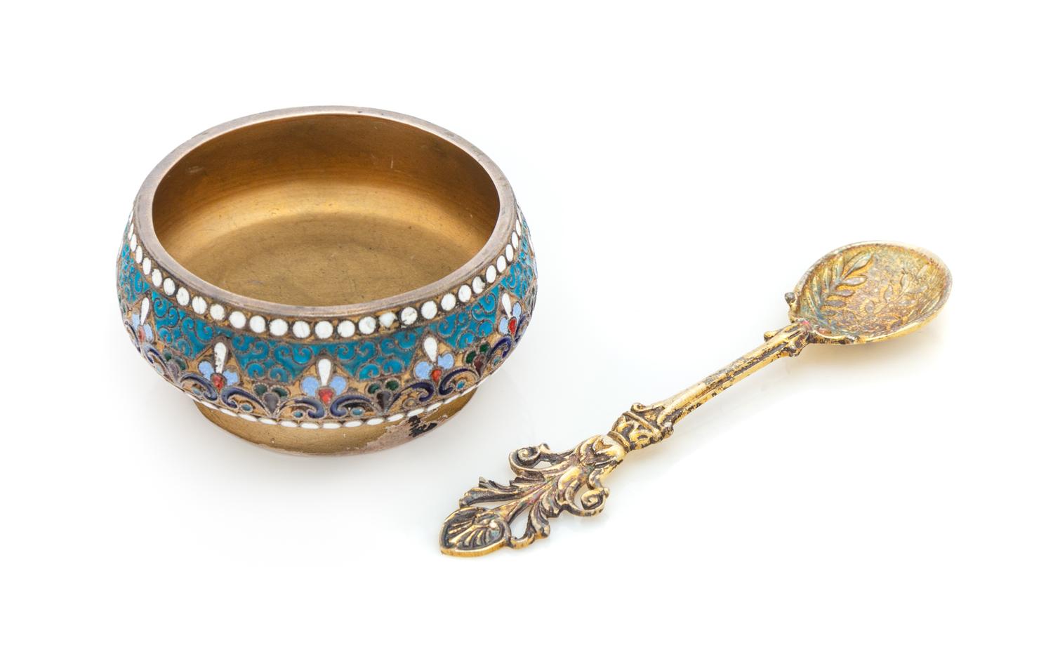 A Russian Enameled Silver Salt Cellar, Mark of Dimitri Nikolaev, Late 19th/Early 20th Century, together with an associated Continental