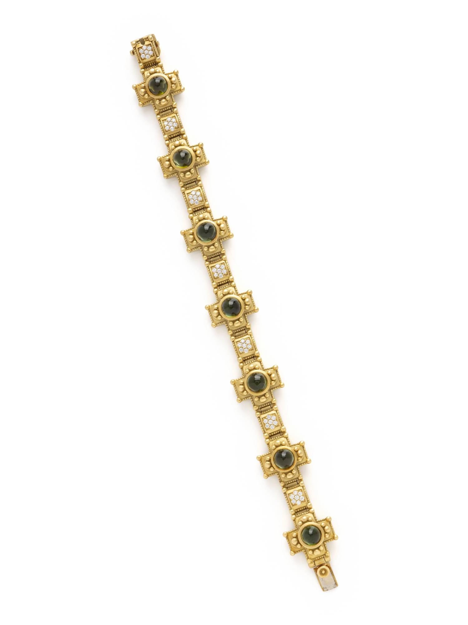 KIESELSTEIN-CORD, YELLOW GOLD, GREEN TOURMALINE AND DIAMOND BRACELET