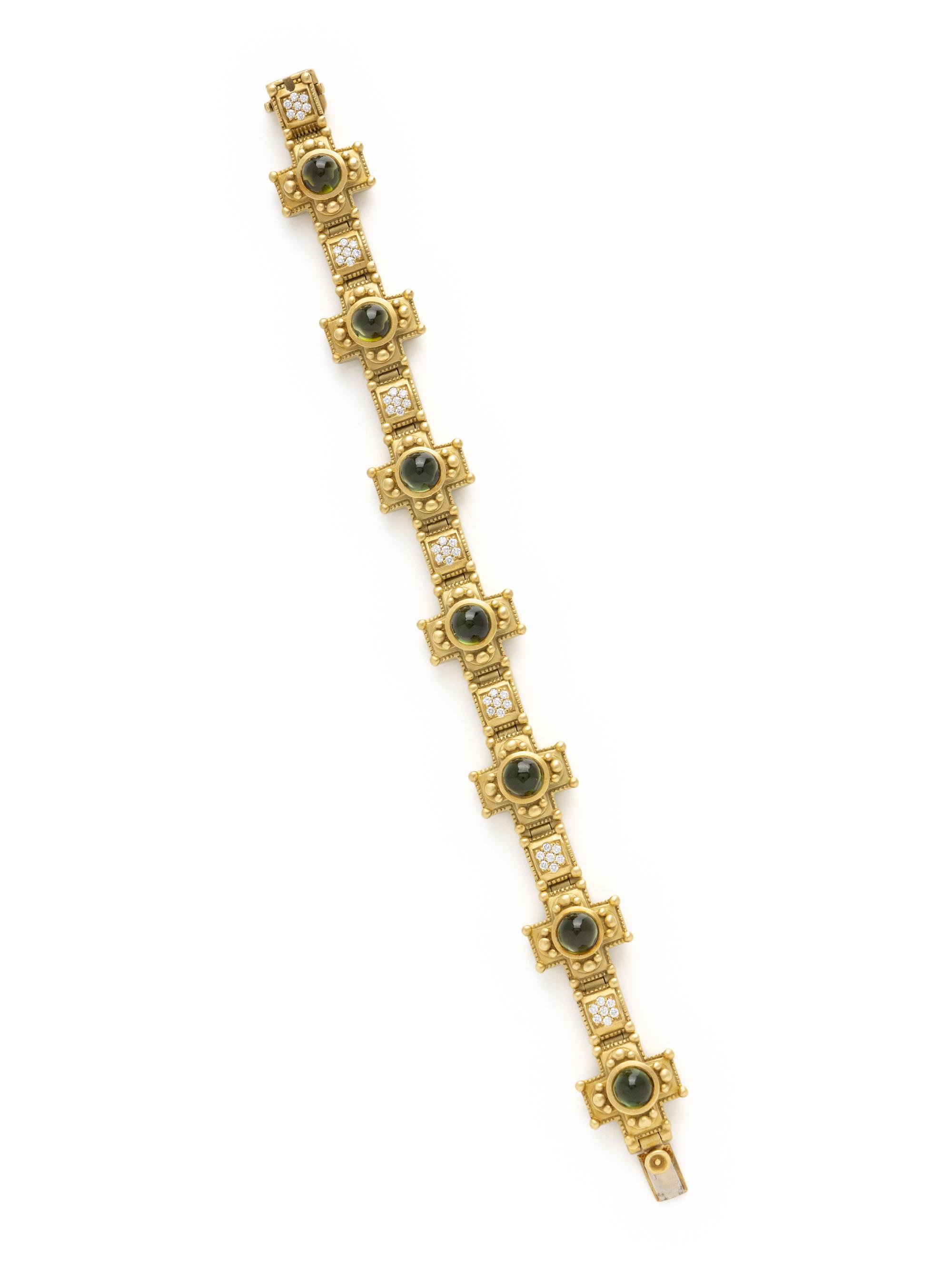 KIESELSTEIN-CORD, YELLOW GOLD, GREEN TOURMALINE AND DIAMOND BRACELET