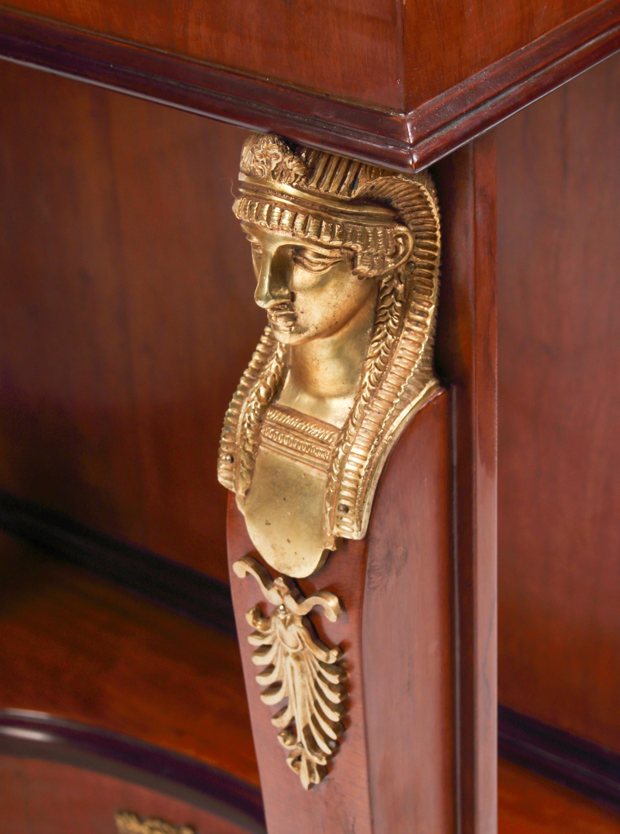 A Pair of Empire Style Gilt-Bronze Mounted Mahogany Marble-Top Console Tables