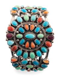 Navajo Sterling Silver and Colorful Cluster Cuff Bracelet