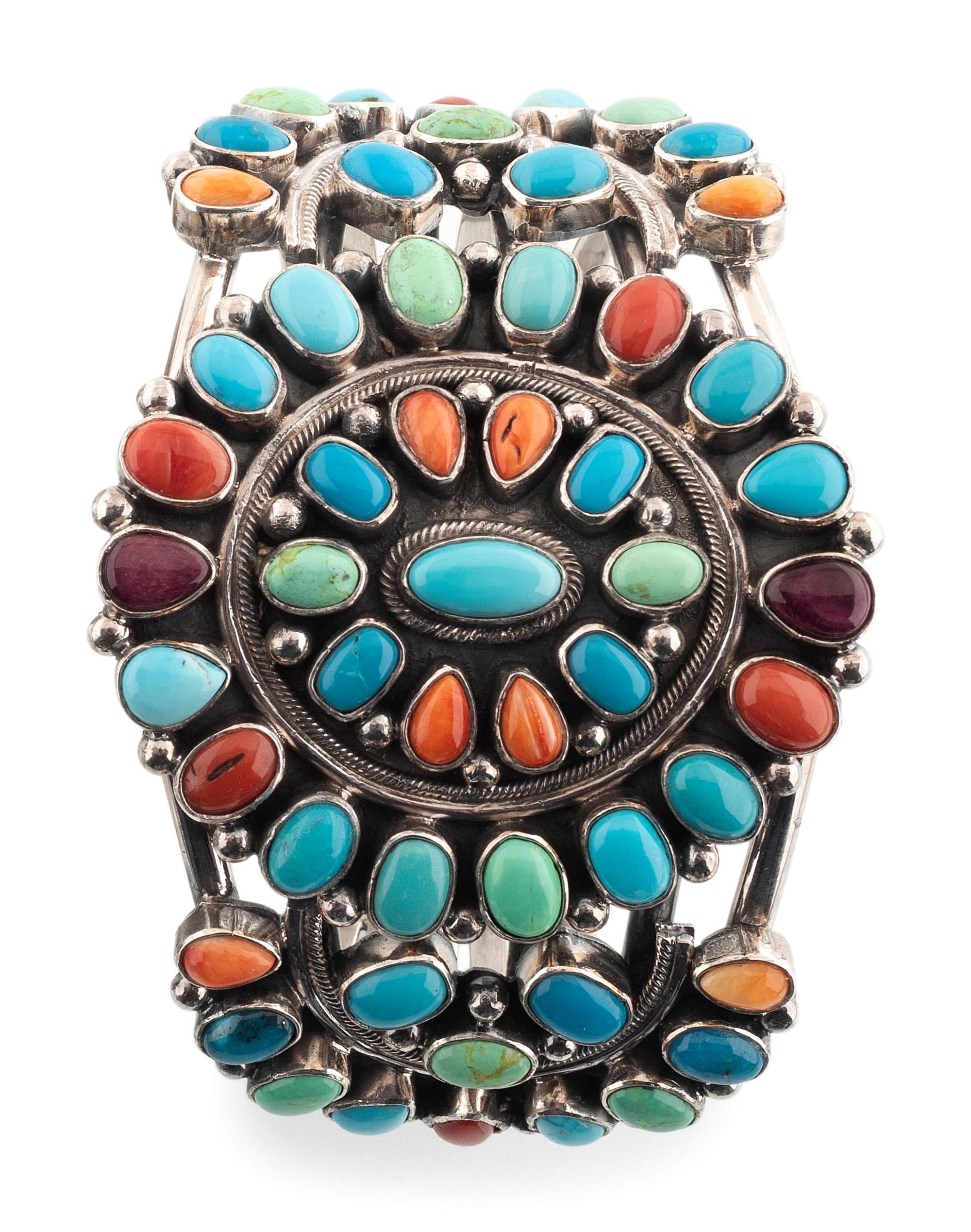 Navajo Sterling Silver and Colorful Cluster Cuff Bracelet
