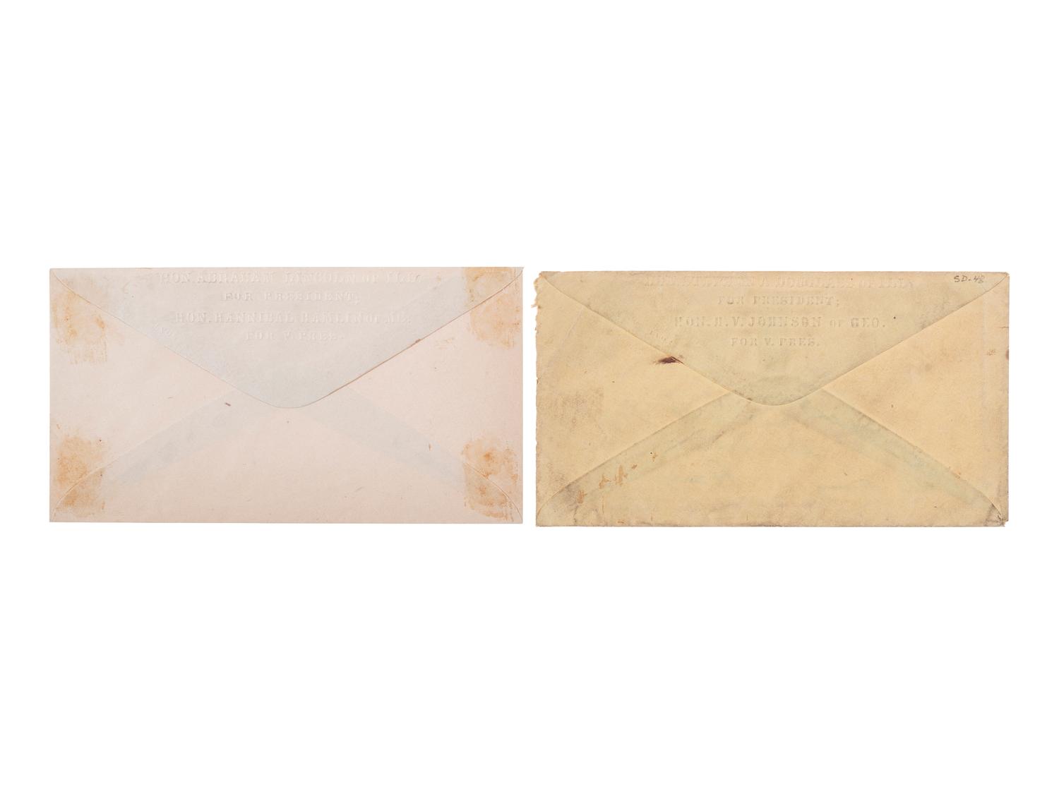 [POLITICS IN AMERICA -- 1860 ELECTION]. A group of 13 covers featuring Abraham LINCOLN, Stephen A. DOUGLAS, and John C. BELL, with embossed examples.