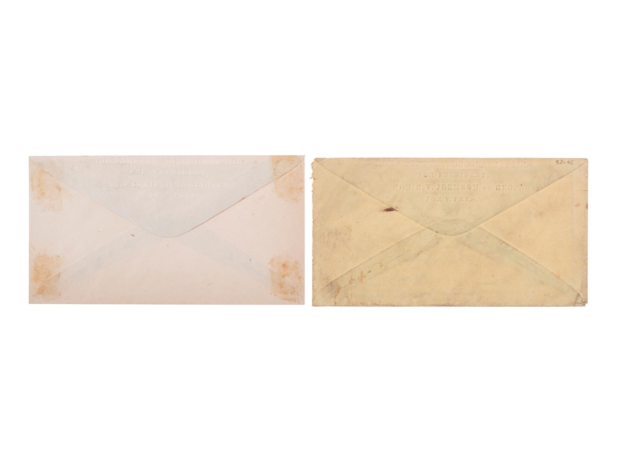 [POLITICS IN AMERICA -- 1860 ELECTION]. A group of 13 covers featuring Abraham LINCOLN, Stephen A. DOUGLAS, and John C. BELL, with embossed examples.