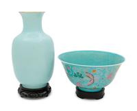 Two Chinese Turquoise Ground Famille Rose Porcelain Articles