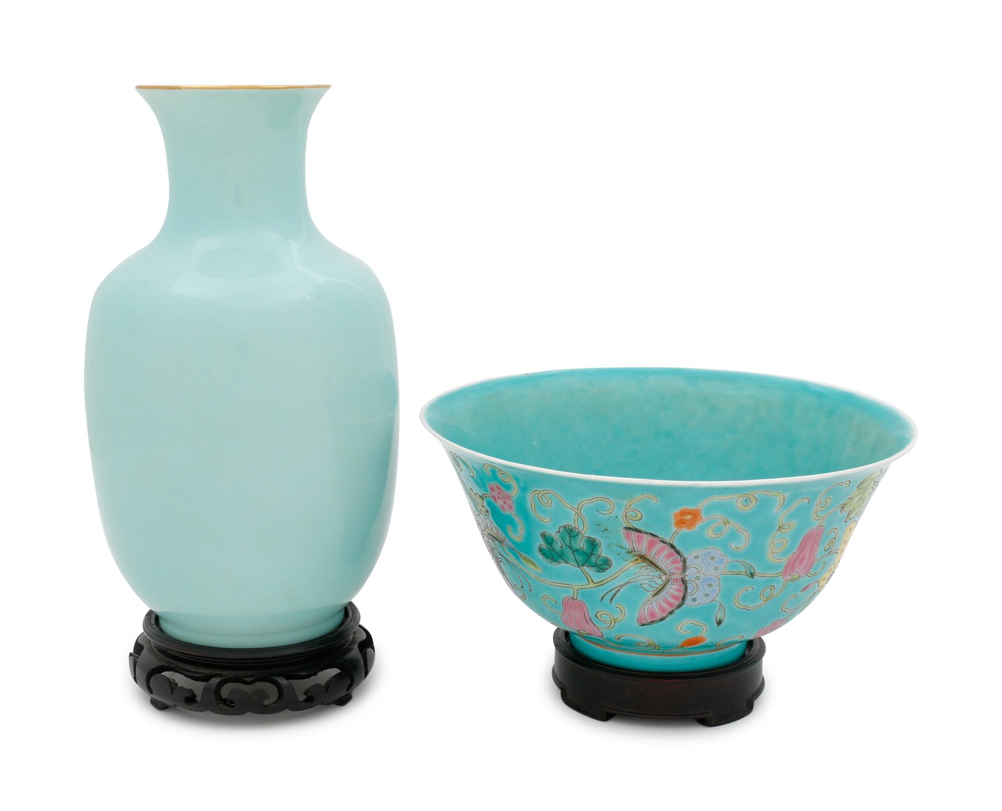 Two Chinese Turquoise Ground Famille Rose Porcelain Articles