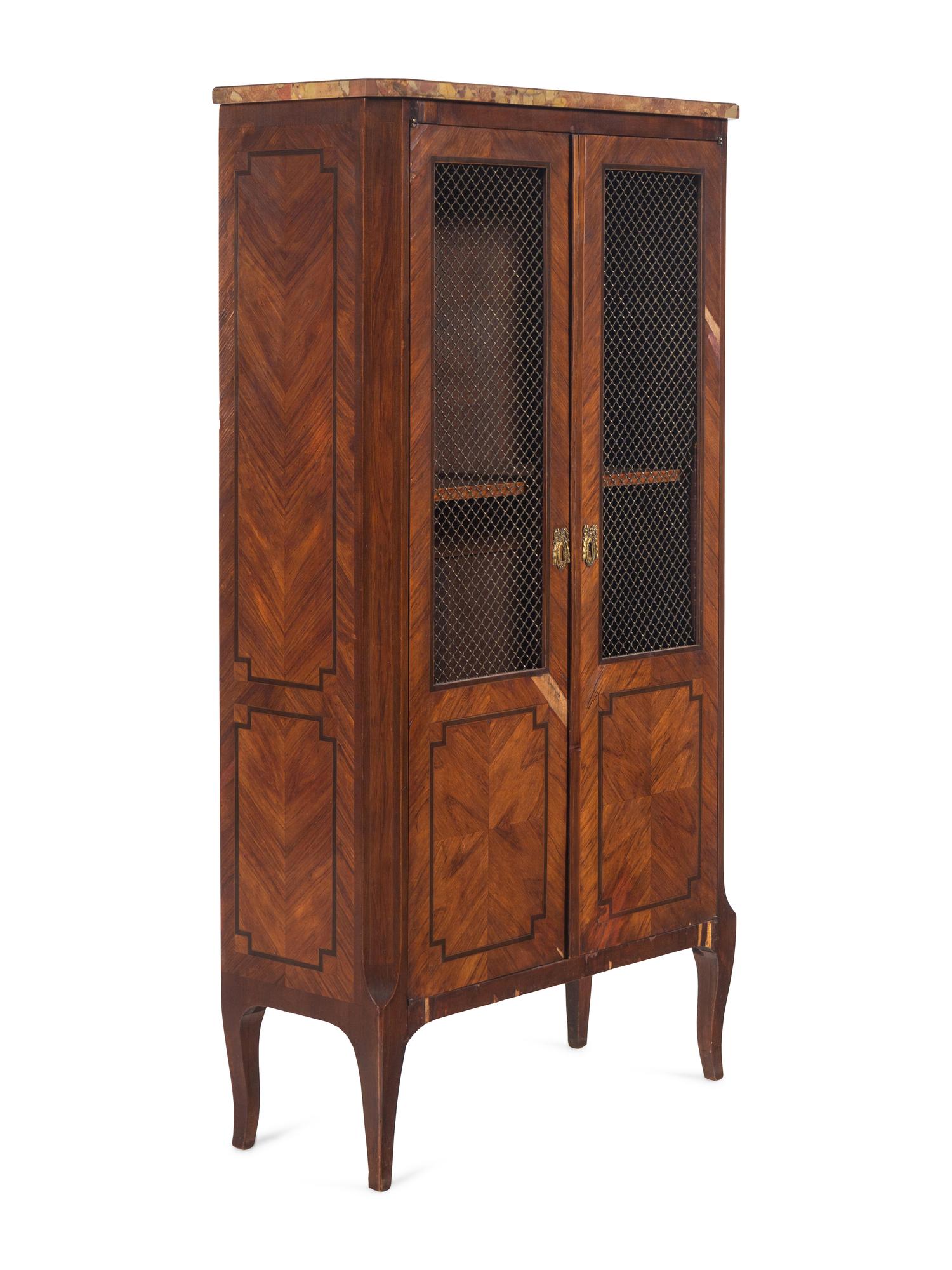 A Louis XV/XVI Transitional Style Tulipwood Breche d'Alep Marble-Top Bibliothèque