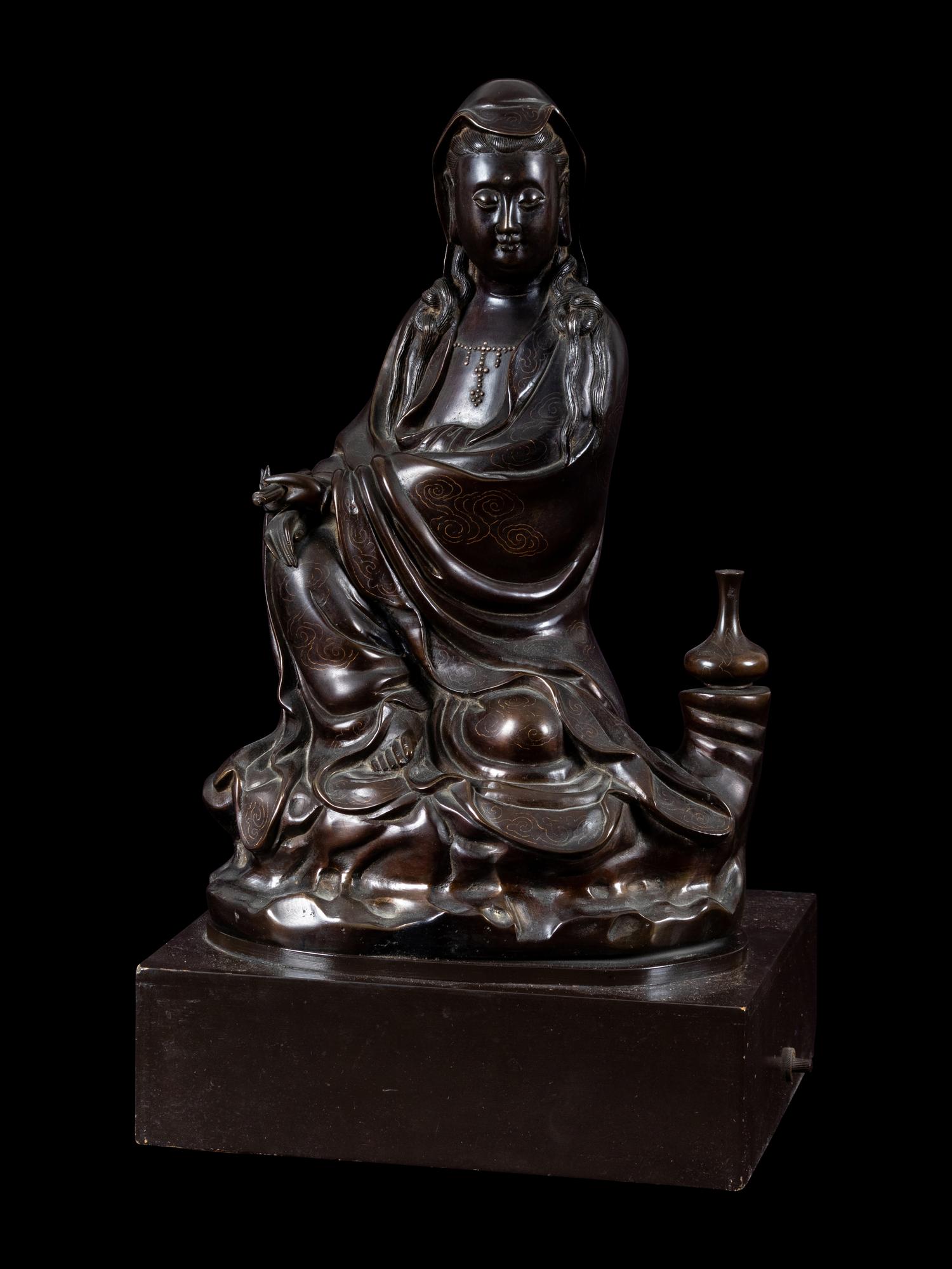 A Silver Inlaid Bronze Figure of Guanyin
