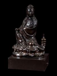 A Silver Inlaid Bronze Figure of Guanyin