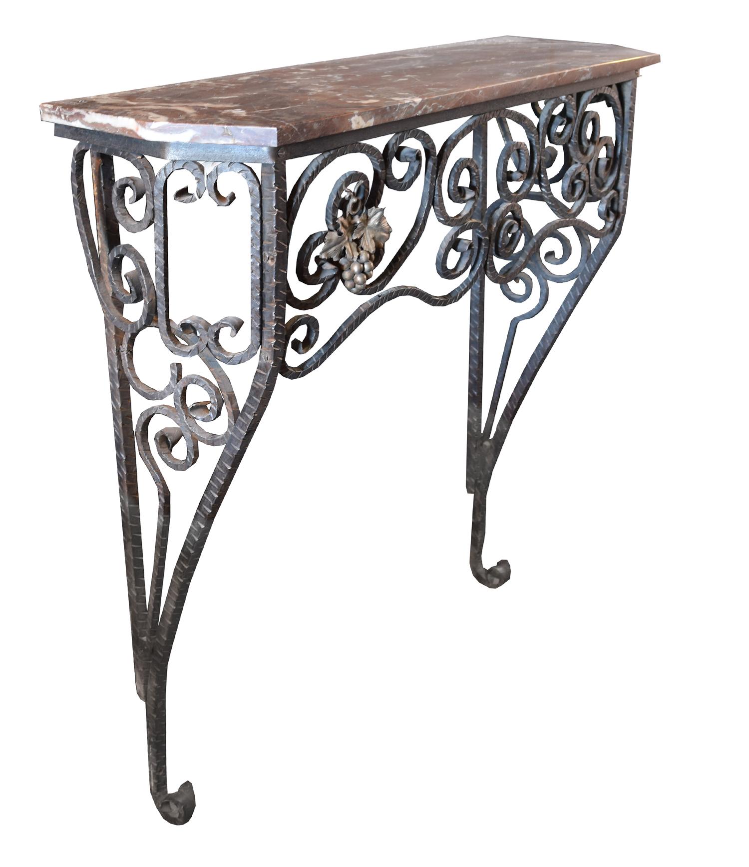 A Fer Forge Console Table with Marble Top 37.5" W x 12.5" D x 40.5" H — France, Early 20th Century