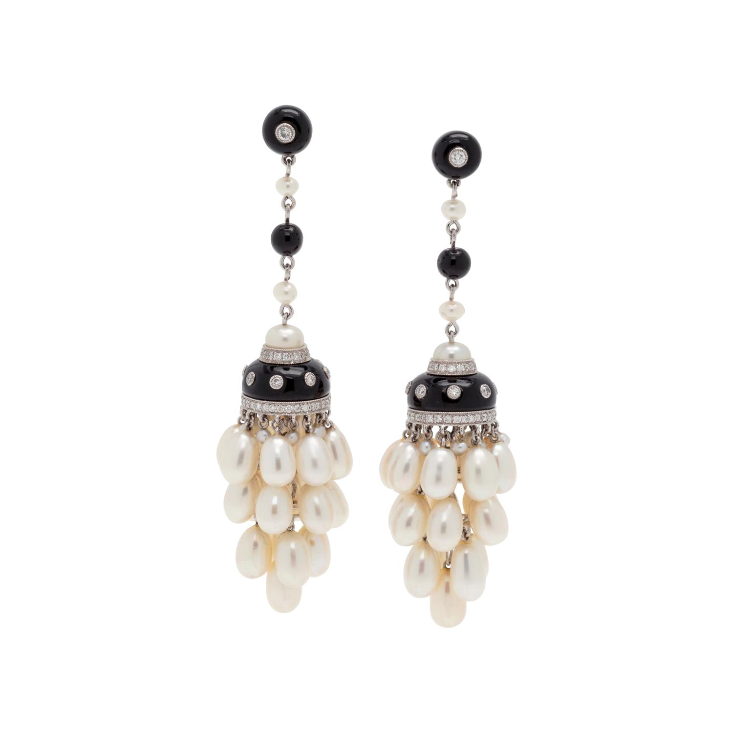 CULTURED PEARL, DIAMOND AND ONYX DROP EARRINGS