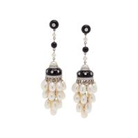 CULTURED PEARL, DIAMOND AND ONYX DROP EARRINGS