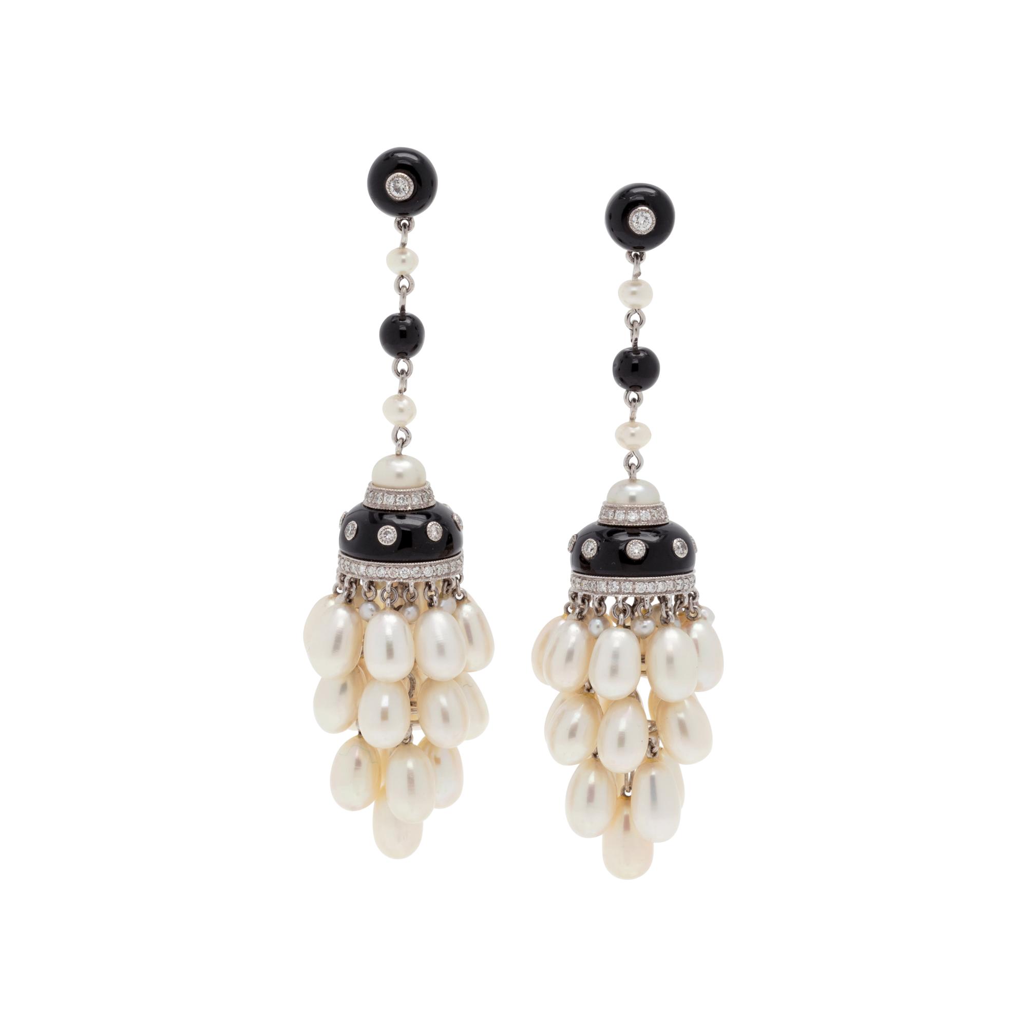 CULTURED PEARL, DIAMOND AND ONYX DROP EARRINGS