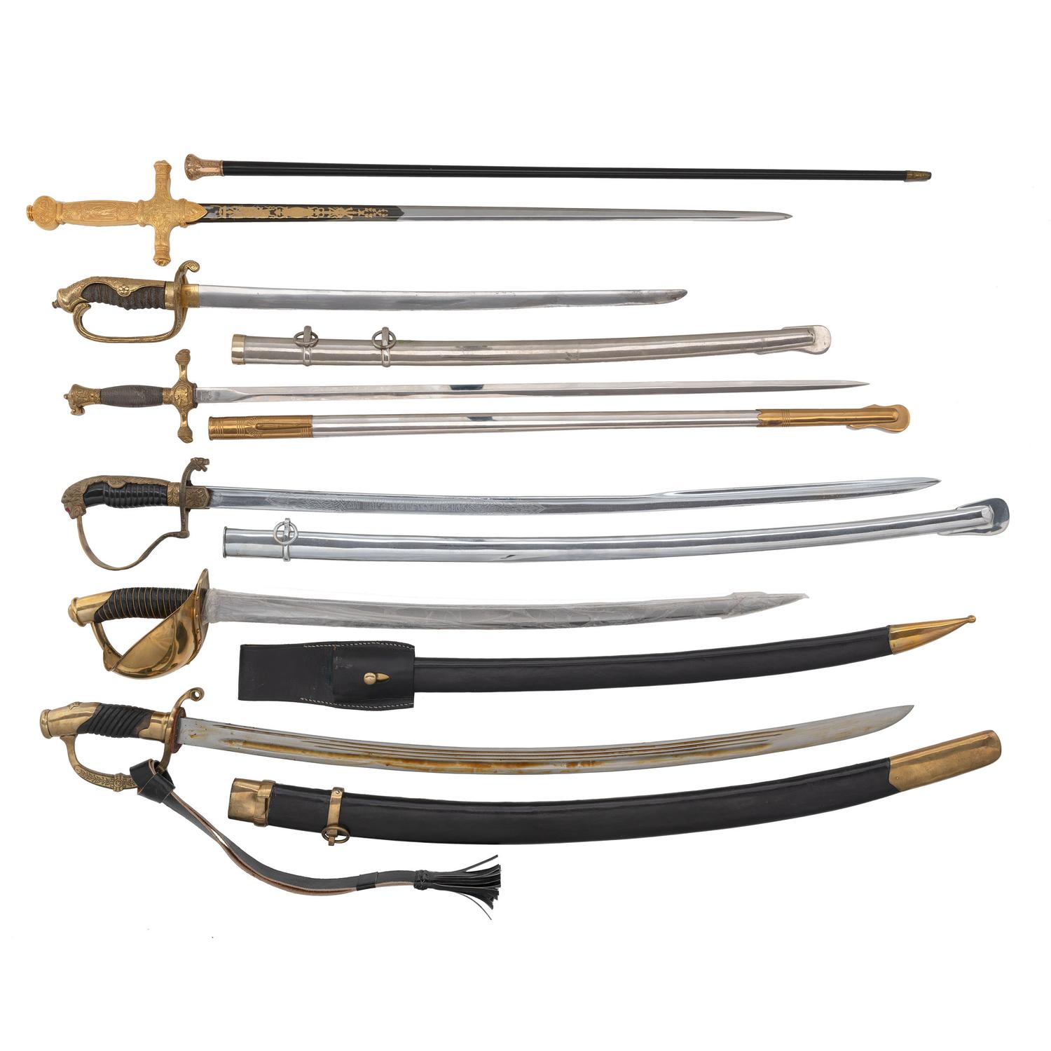 Lot of Six Assorted Reproduction or Contemporary Presentation Swords with One Cane