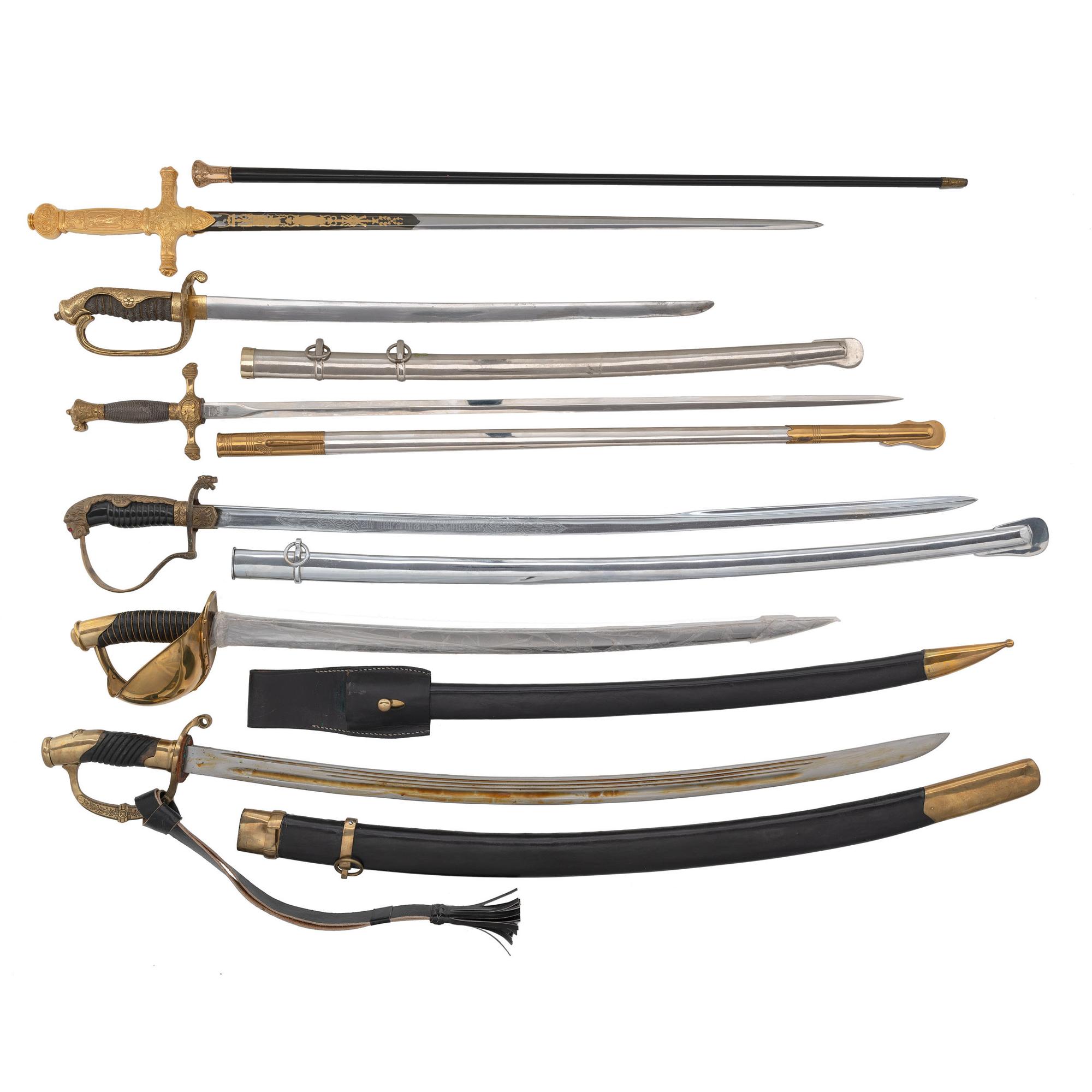 Lot of Six Assorted Reproduction or Contemporary Presentation Swords with One Cane