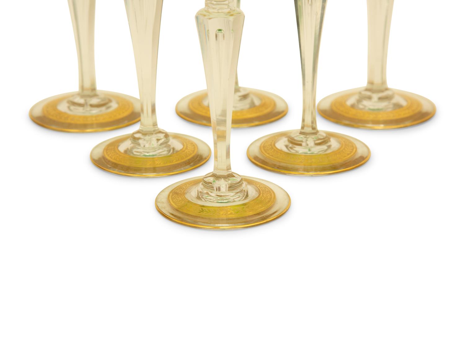 Eleven Bohemian Gilt Decorated Green Glass Clear Stemmed Wines — 19th/20th Century