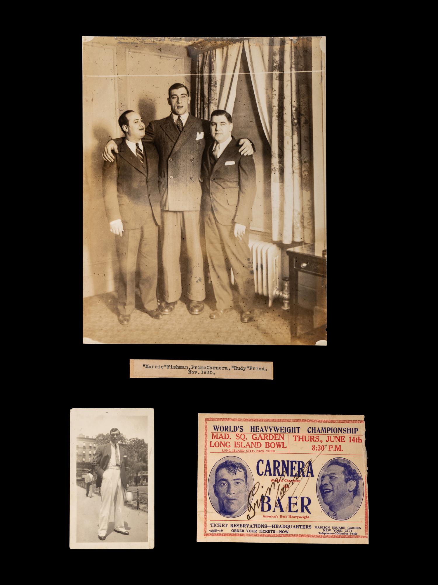 A Primo Carnera Signed Autograph Promotional Envelope From Max Baer Bout and Original Photographs,