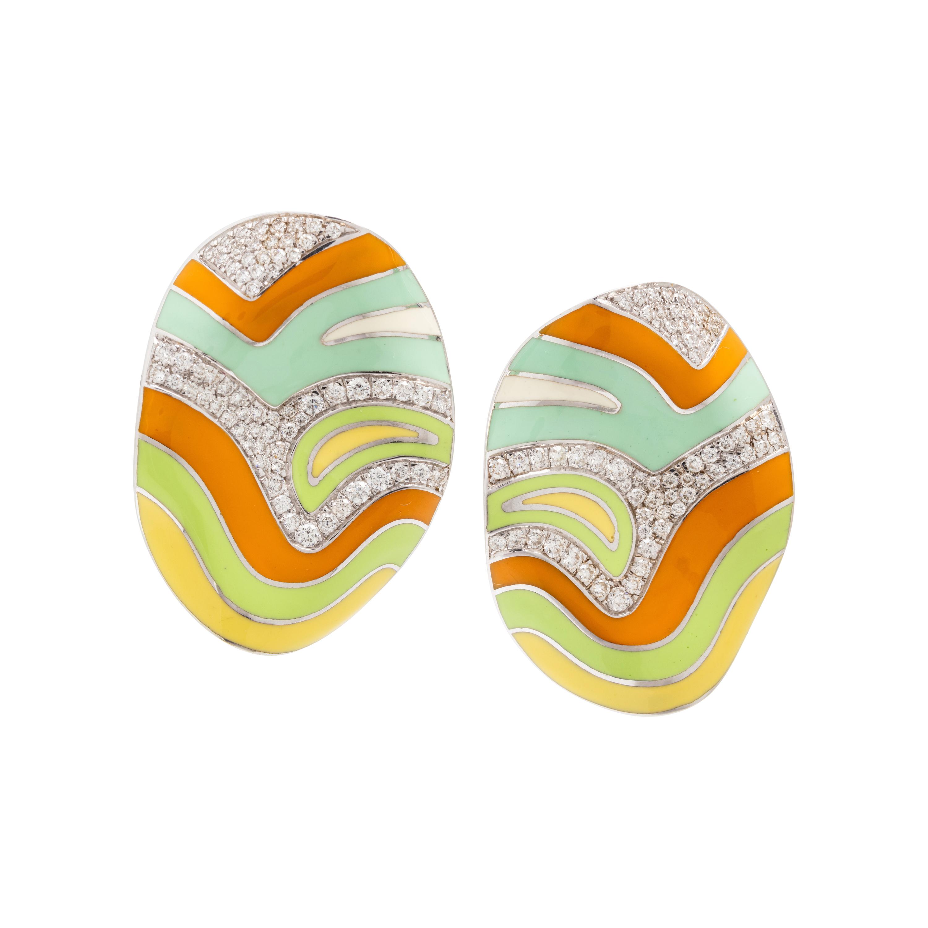 Roberto Coin, Enamel, Diamond, and White Gold Bangle Bracelet and Earrings