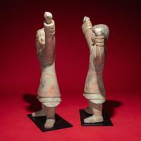 A Large Pair of Chinese Painted Pottery Archers, Western Han Dynasty — 西漢 彩繪射姿立俑一對