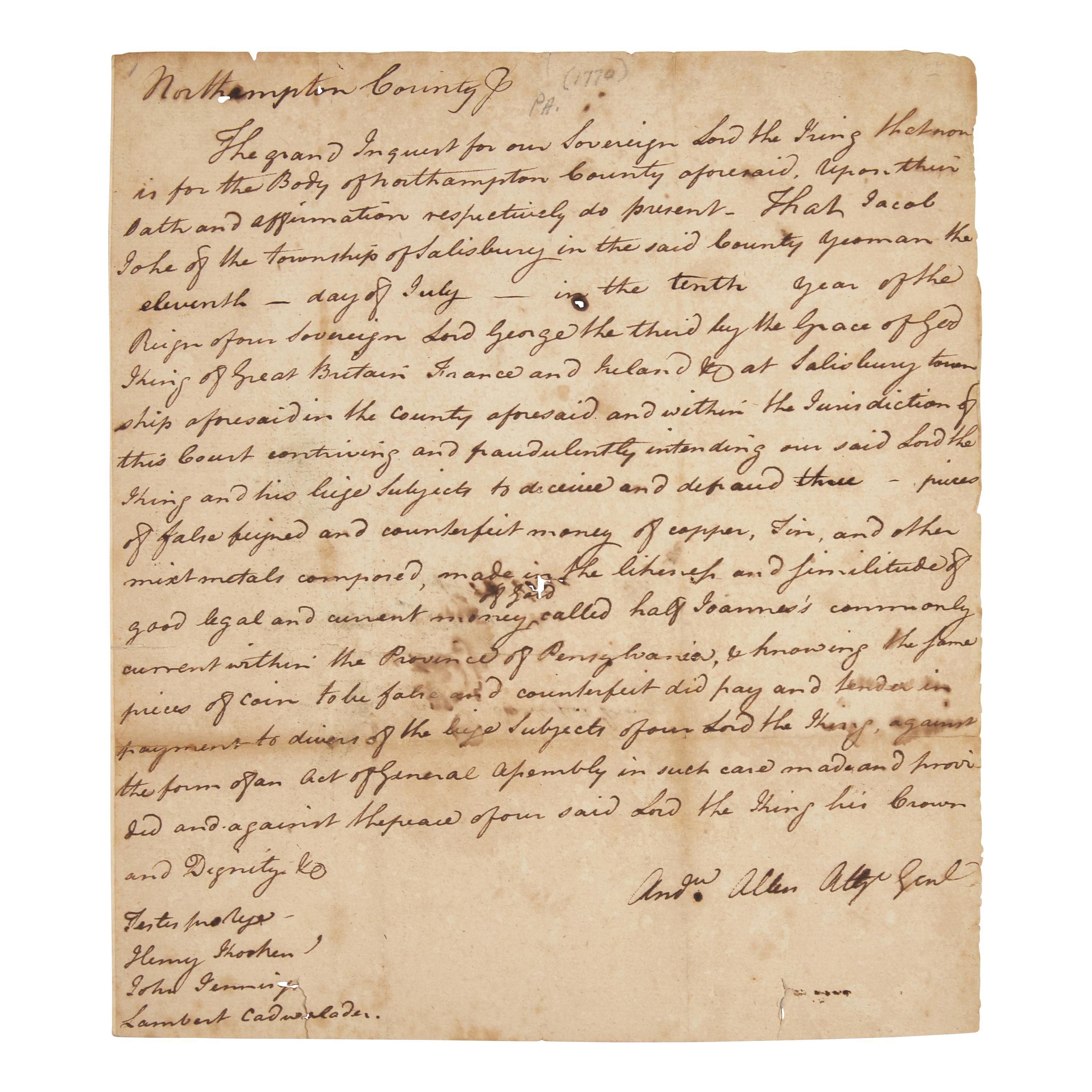 [Colonial America] Allen, Andrew. Autograph Legal Document Related to a Money Counterfeiter