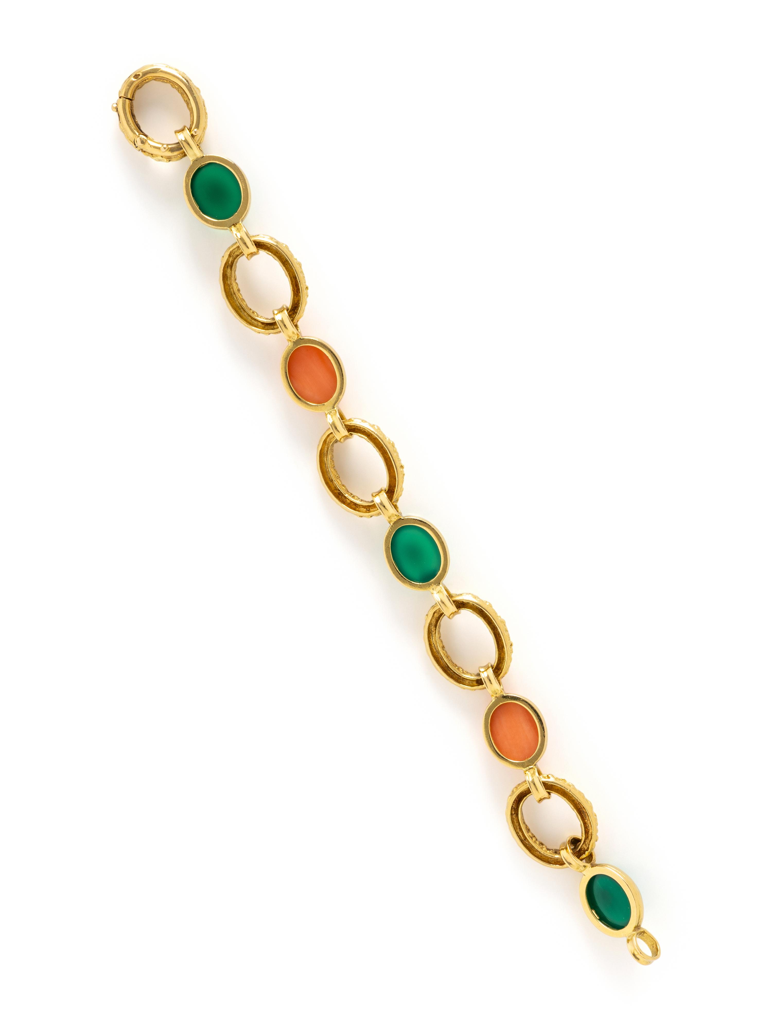 YELLOW GOLD, CORAL, AND CHRYSOPRASE BRACELET