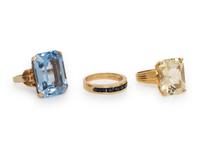 THREE YELLOW GOLD AND MULTIGEM RINGS