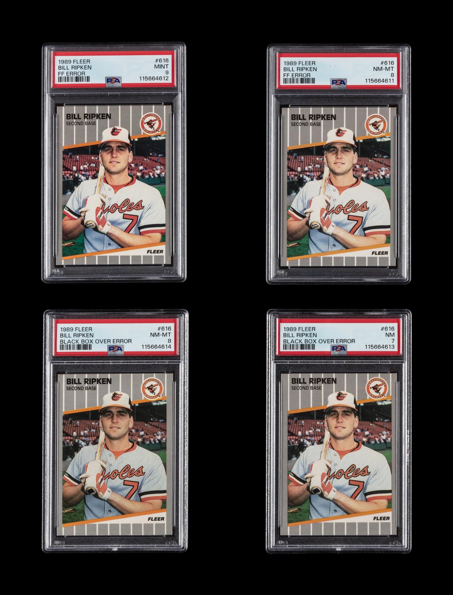 A Collection of 1989 Fleer Billy Ripken FF Error Cards (PSA 9 and PSA 8) and Black Box Over Error Cards (PSA 8 and PSA 7)